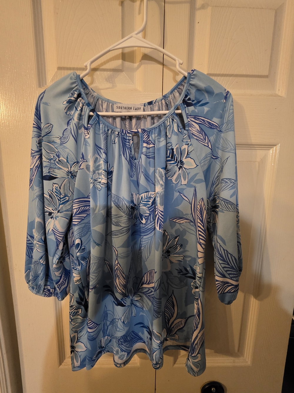 Southern Lady Sky Blue Floral Peasant Top